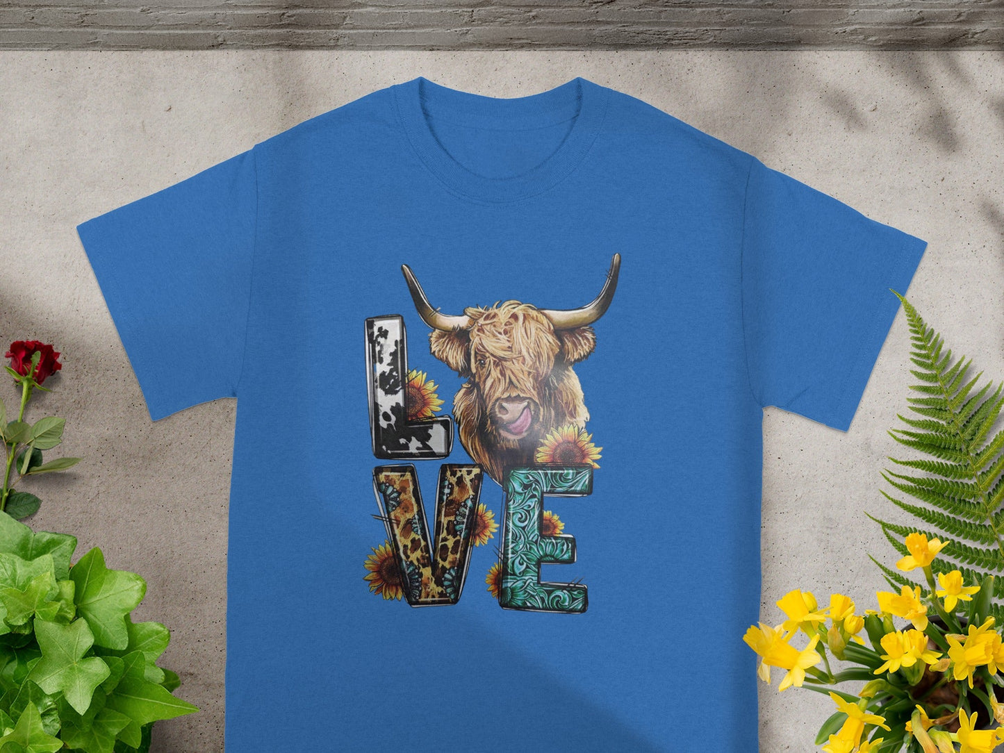 Highland Cow with Sunflowers LOVE Graphic T-shirt