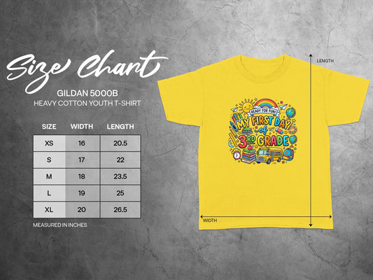 Gildan 5000B youth t-shirt size chart with "My First Day of 3rd Grade" graphic.