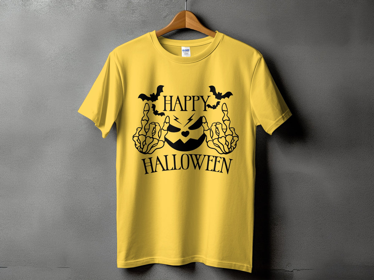 Yellow t-shirt with "Happy Halloween" text and a jack-o'-lantern graphic.