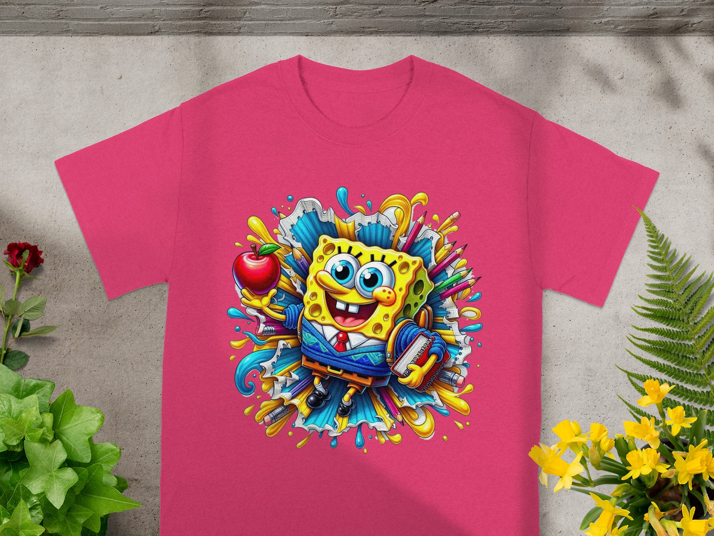 SpongeBob SquarePants wearing a blue jacket and holding an apple and book.