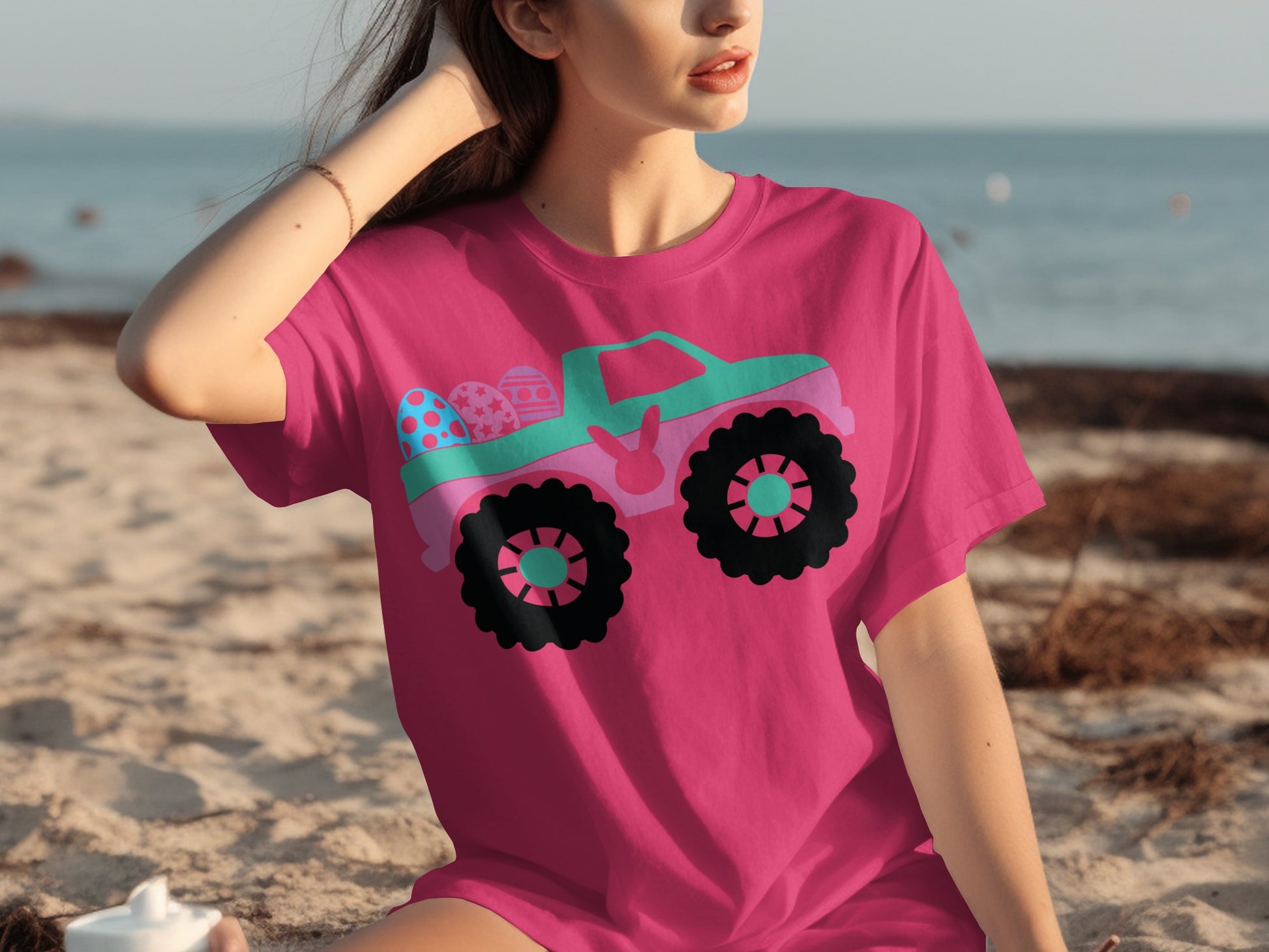 Bright Pink Monster Truck with Easter Eggs T-shirt