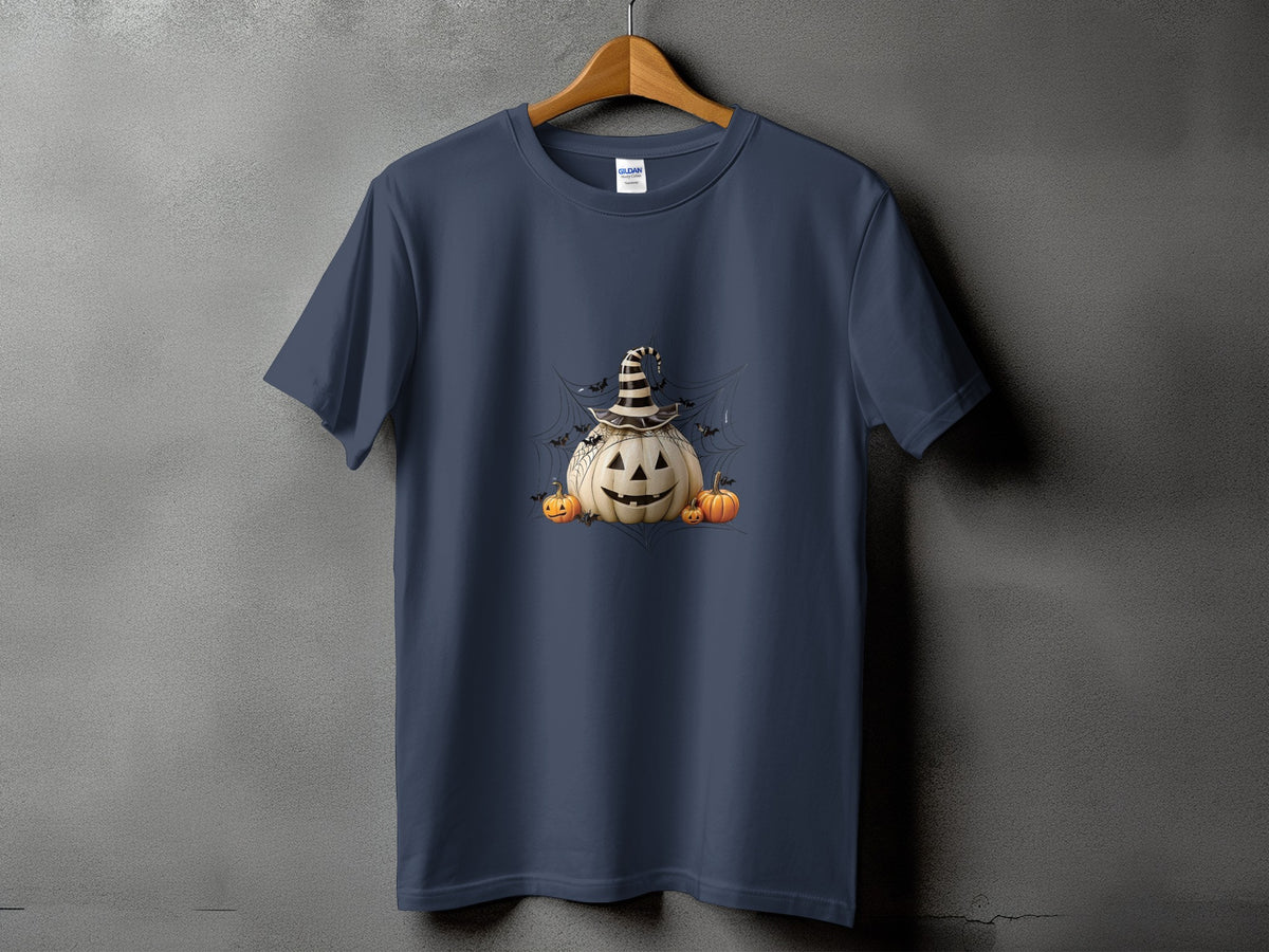 Navy t-shirt with Halloween pumpkins, bats, and spider web graphic.