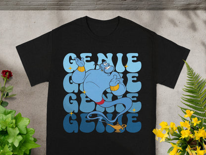 Black t-shirt with blue genie and "GENIE" text in stacked lettering.