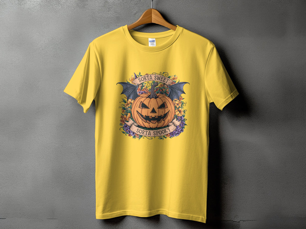 Yellow t-shirt with Halloween graphic of a pumpkin, bats, and text.