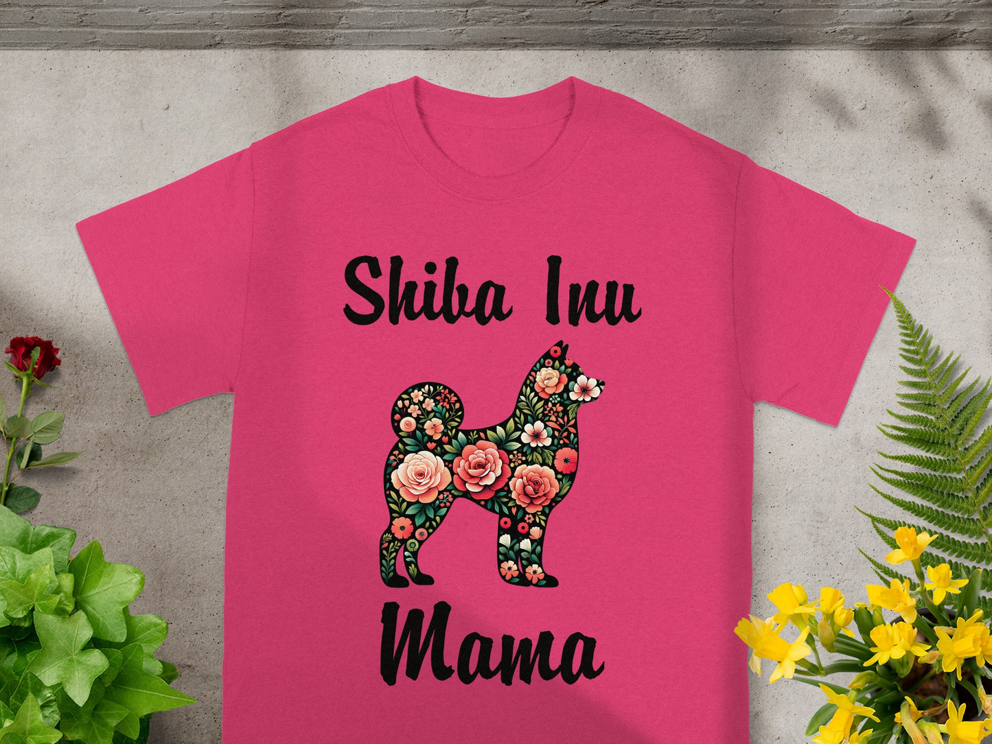 Pink t-shirt with "Shiba Inu Mama" text and floral Shiba Inu design.