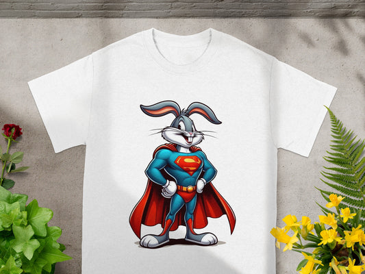 Bugs Bunny wears a Superman costume on a white t-shirt.
