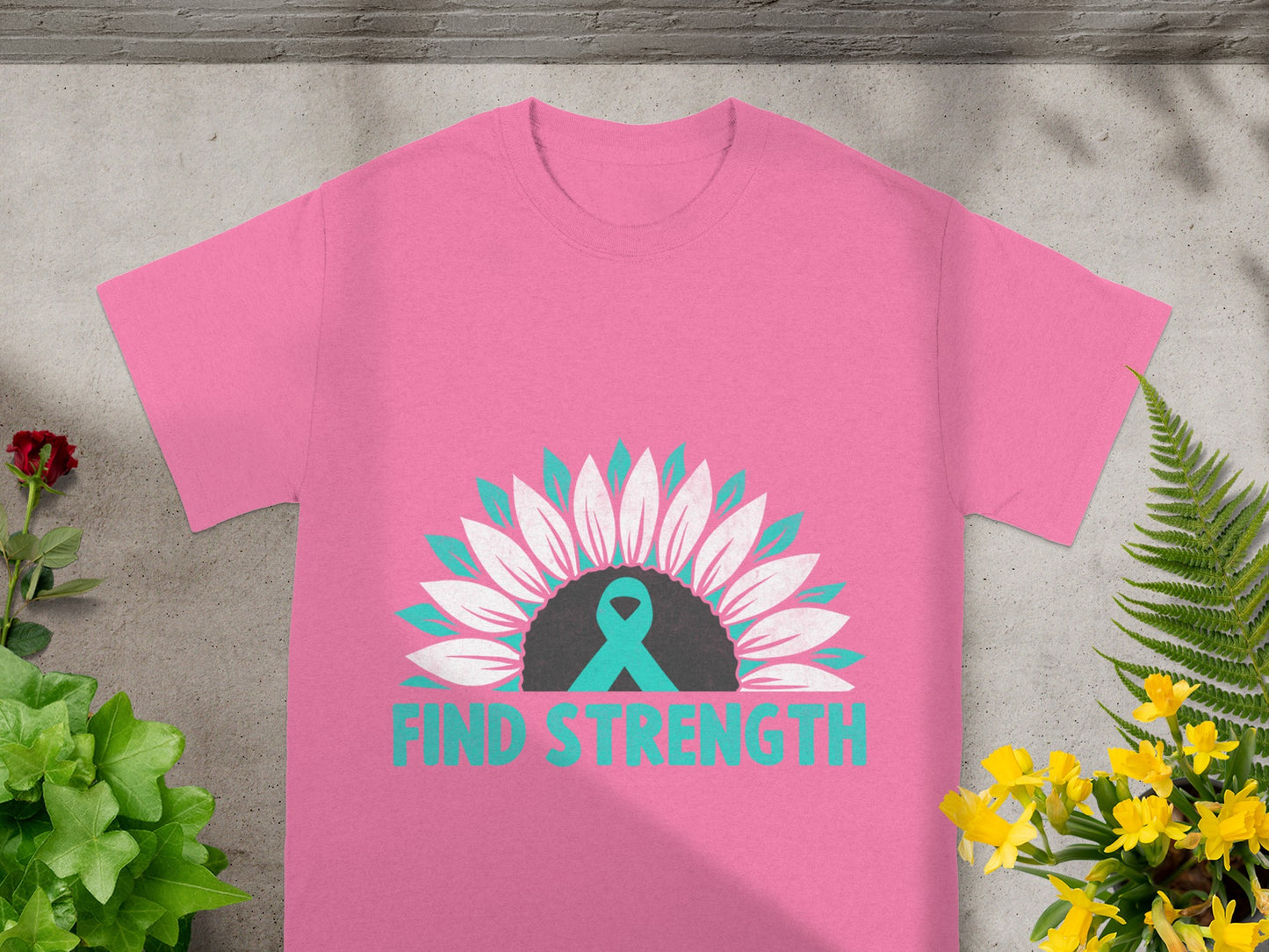 Find Strength Pink T-Shirt with Sunflower and Ribbon Design