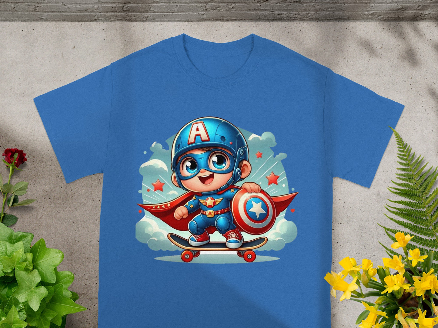 Cartoon superhero with shield and cape riding a skateboard.