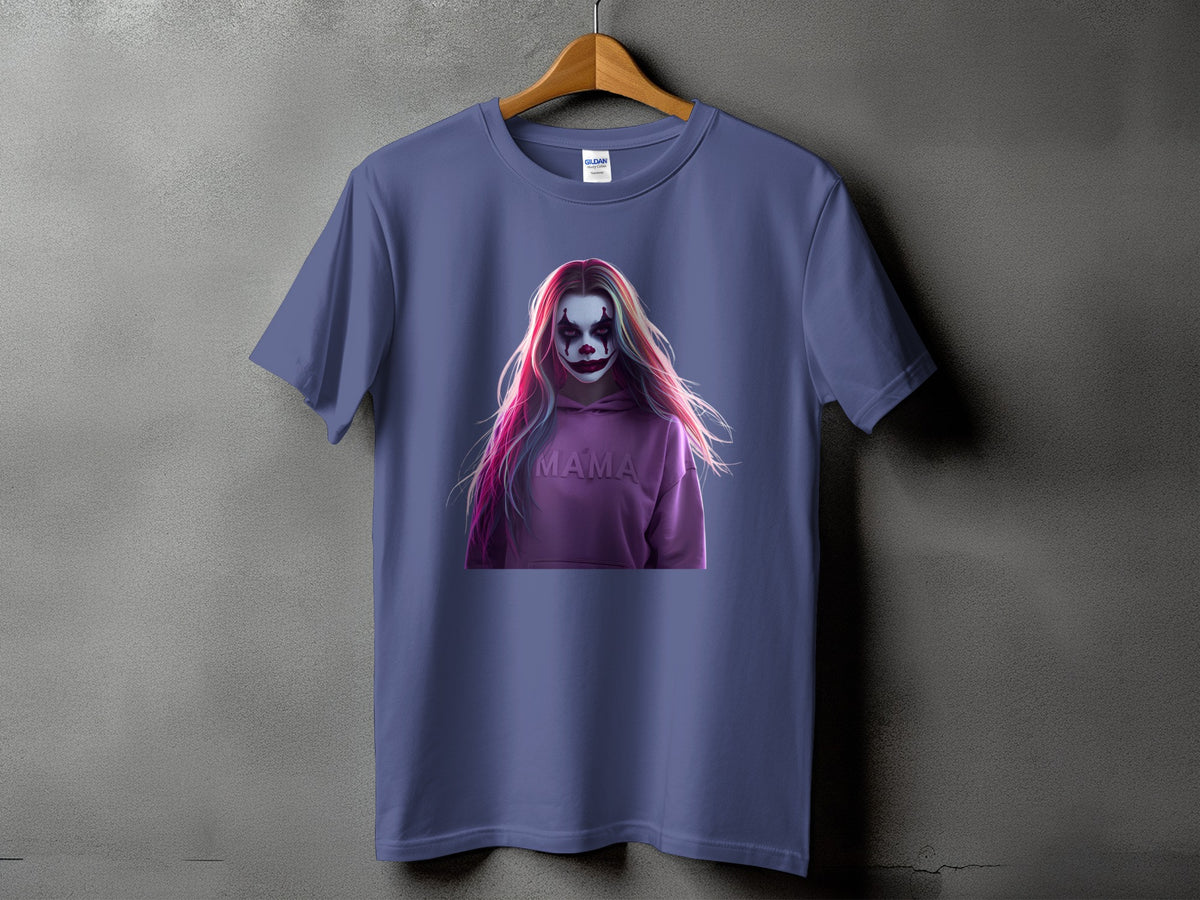T-shirt with a graphic of a person with clown makeup and the word "MAMA" on a hoodie.