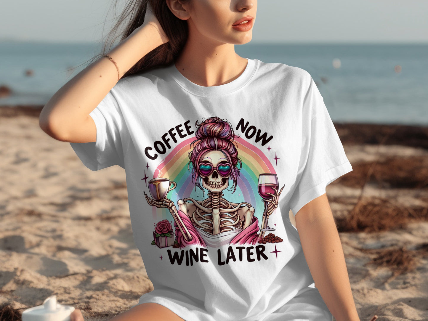 Coffee Now Wine Later Rainbow Skeleton T-shirt
