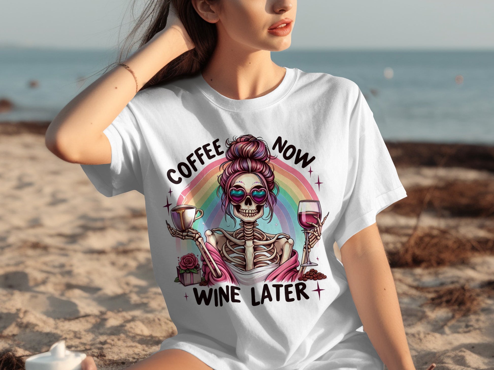Coffee Now Wine Later Rainbow Skeleton T-shirt