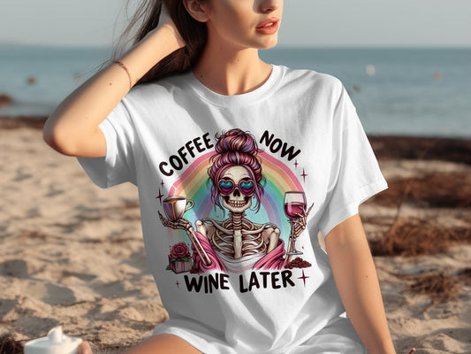 Coffee Now Wine Later Rainbow Skeleton T-shirt