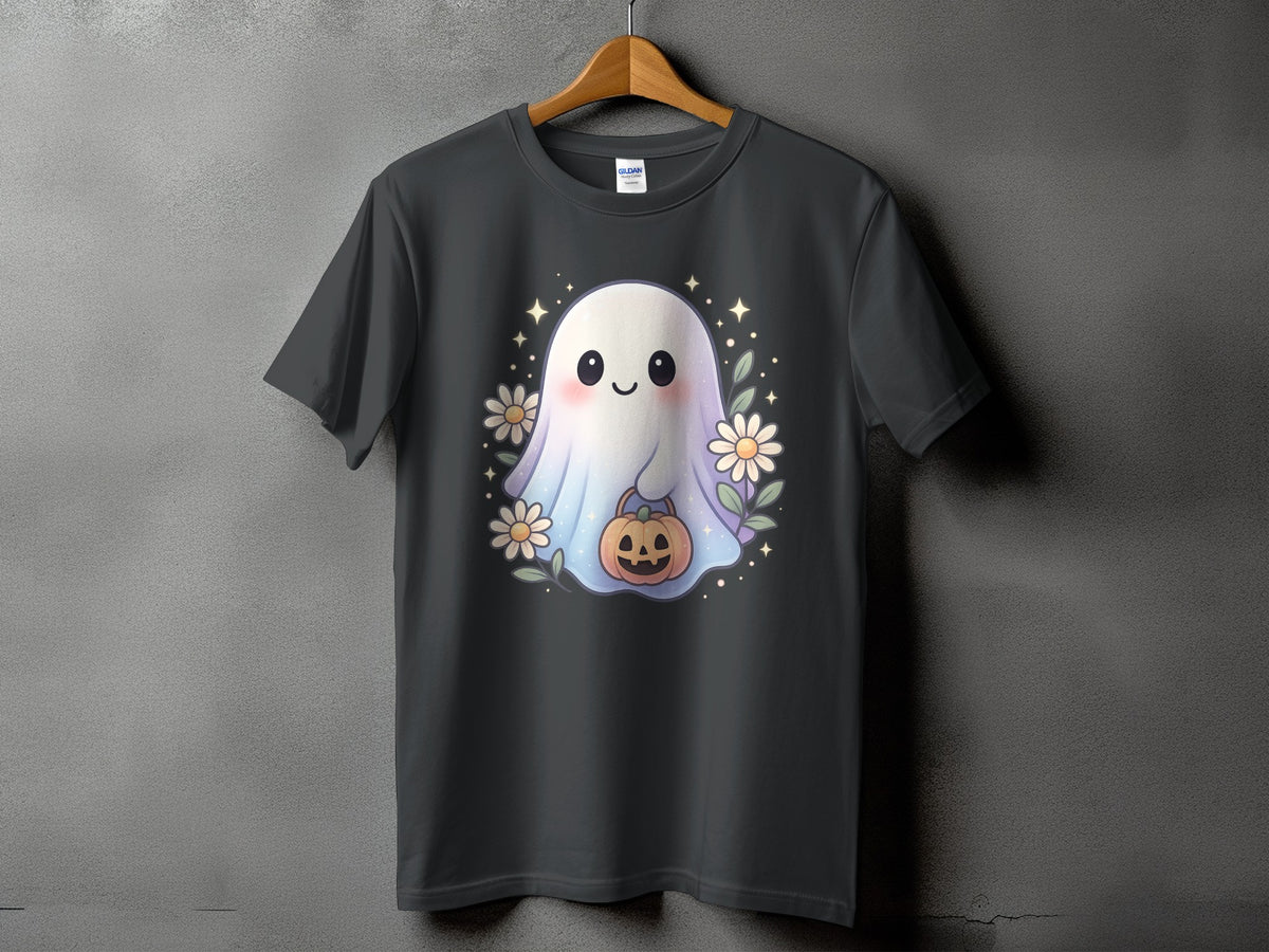 Dark gray t-shirt with a cute ghost holding a pumpkin and surrounded by flowers.