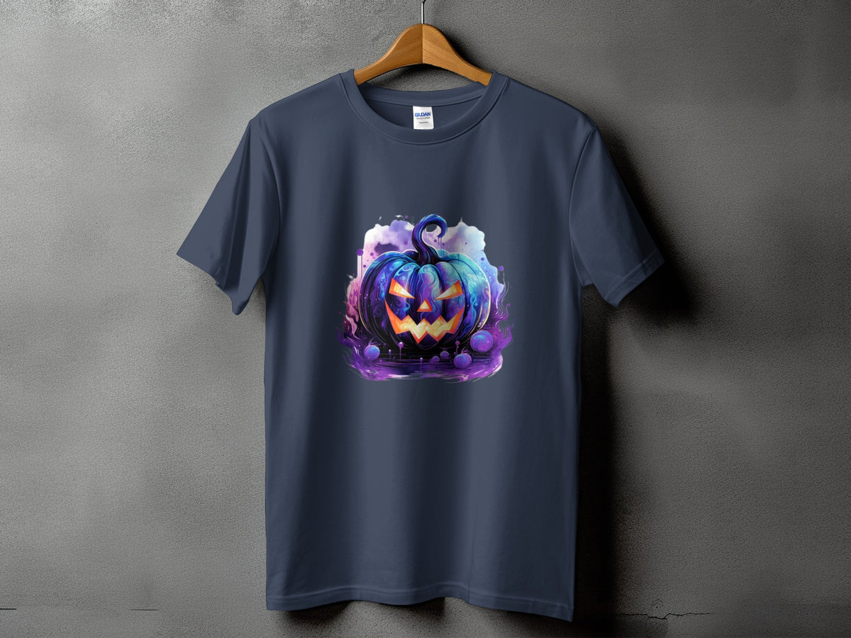 Navy t-shirt with a glowing blue jack-o'-lantern and purple smoke graphic.