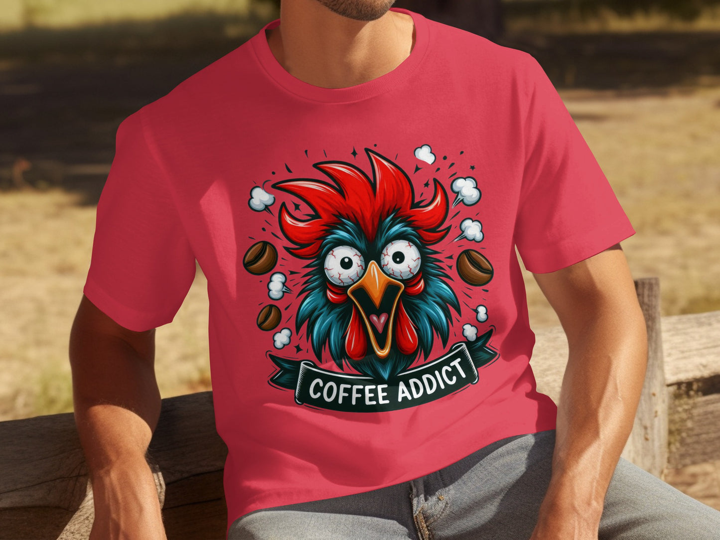 Coffee Addict Crazy Rooster Graphic T-Shirt