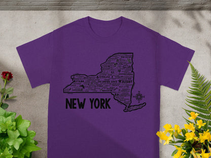 New York State Map Purple Graphic T-Shirt