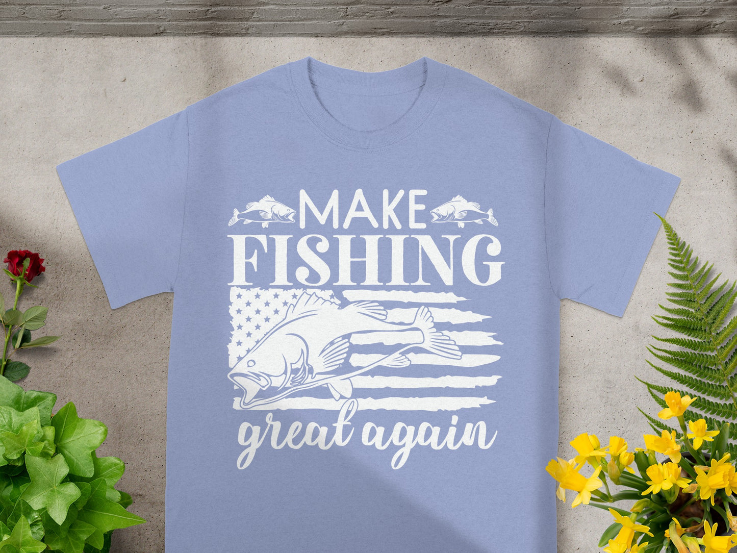 Light blue t-shirt with white text "MAKE FISHING great again" and fish graphic.
