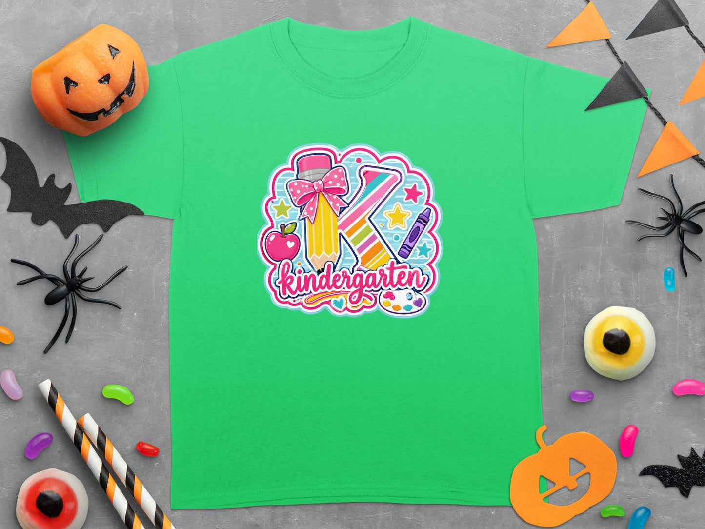 Green t-shirt with "Kindergarten" and a colorful letter K design.