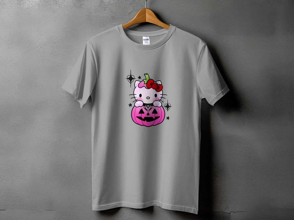 Grey t-shirt with Hello Kitty sitting on a pink pumpkin graphic.