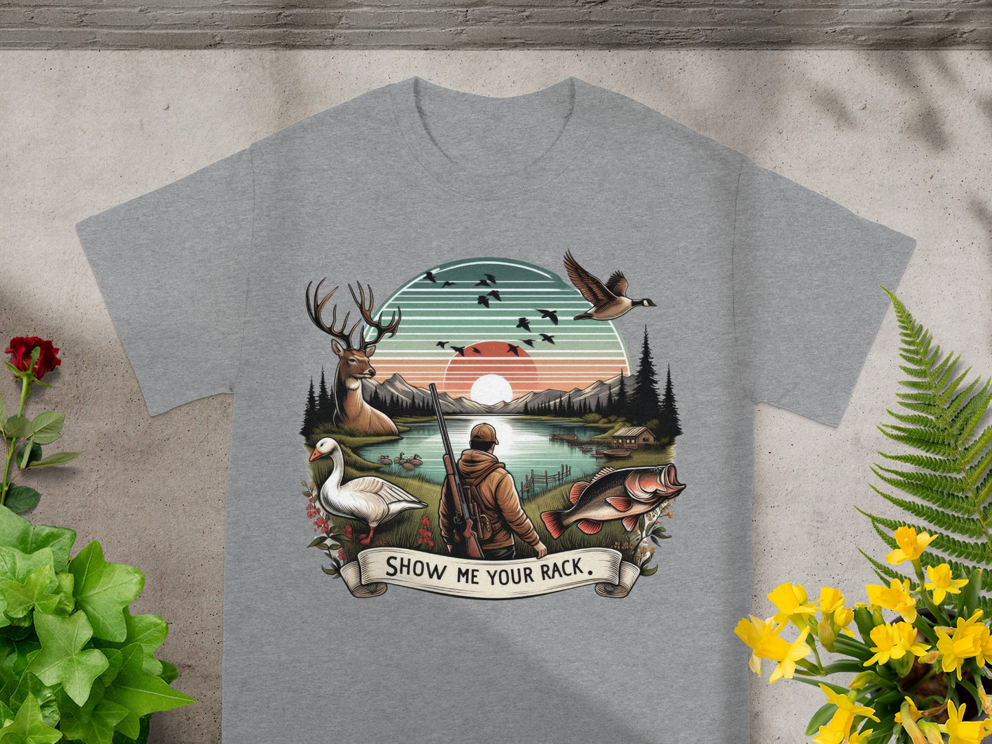 Hunter at sunset by lake with deer, geese, ducks, fish, and banner.
