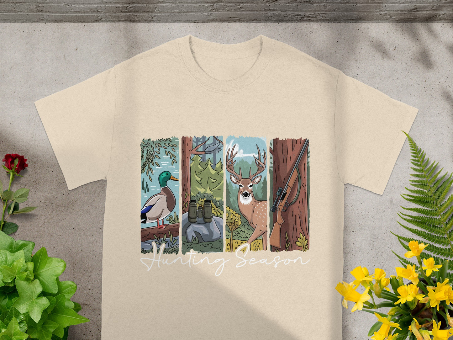 T-shirt with "Hunting Season" text and panels of a duck, binoculars, deer, and rifle.
