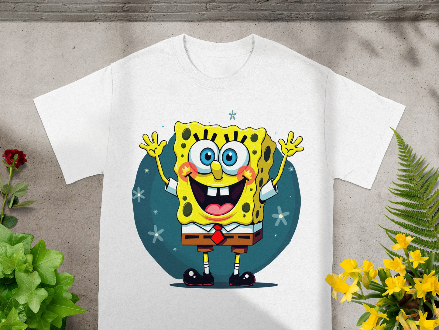 SpongeBob SquarePants character on a white t-shirt.