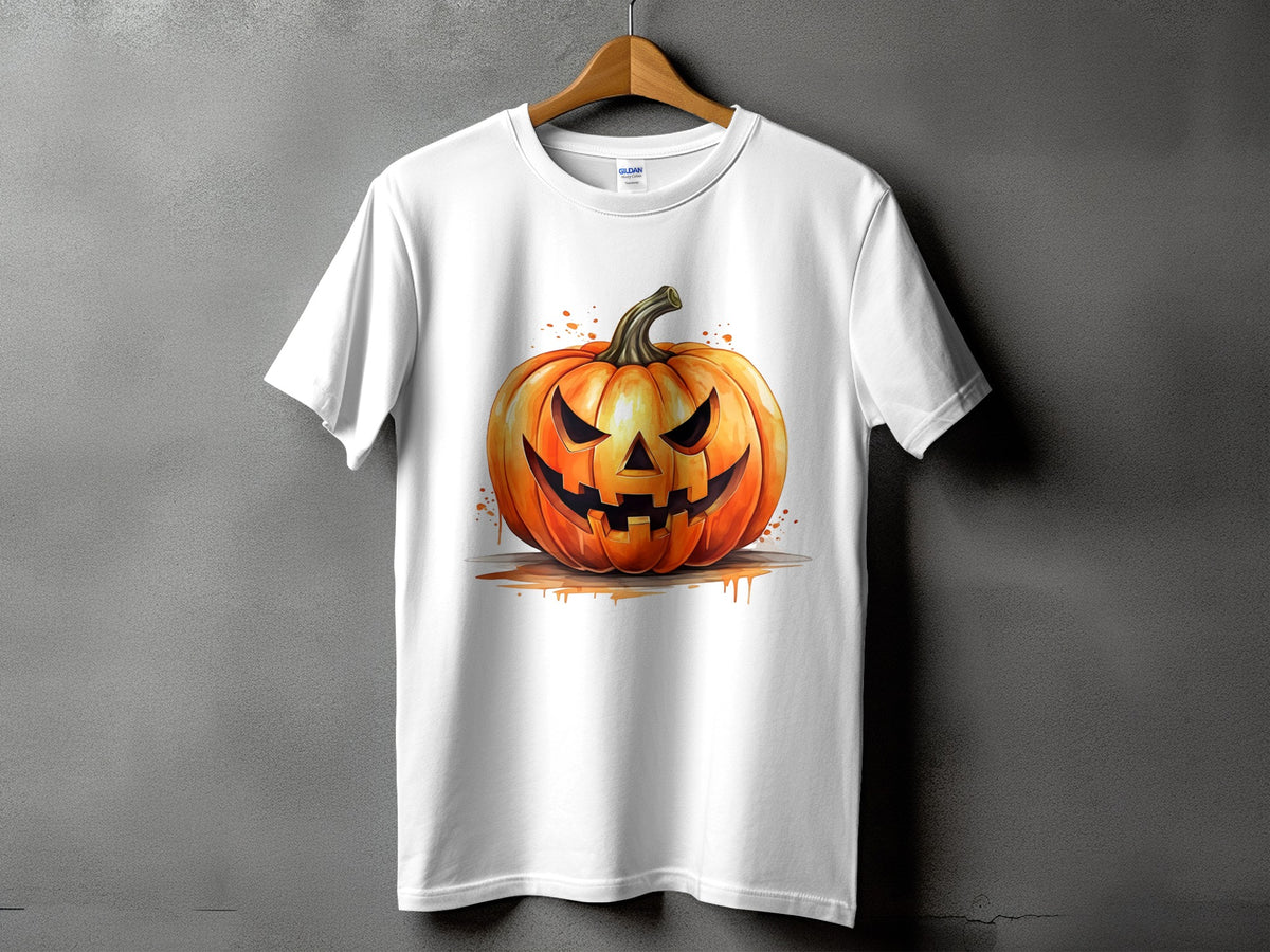White t-shirt with a watercolor-style jack-o'-lantern graphic and splatters.
