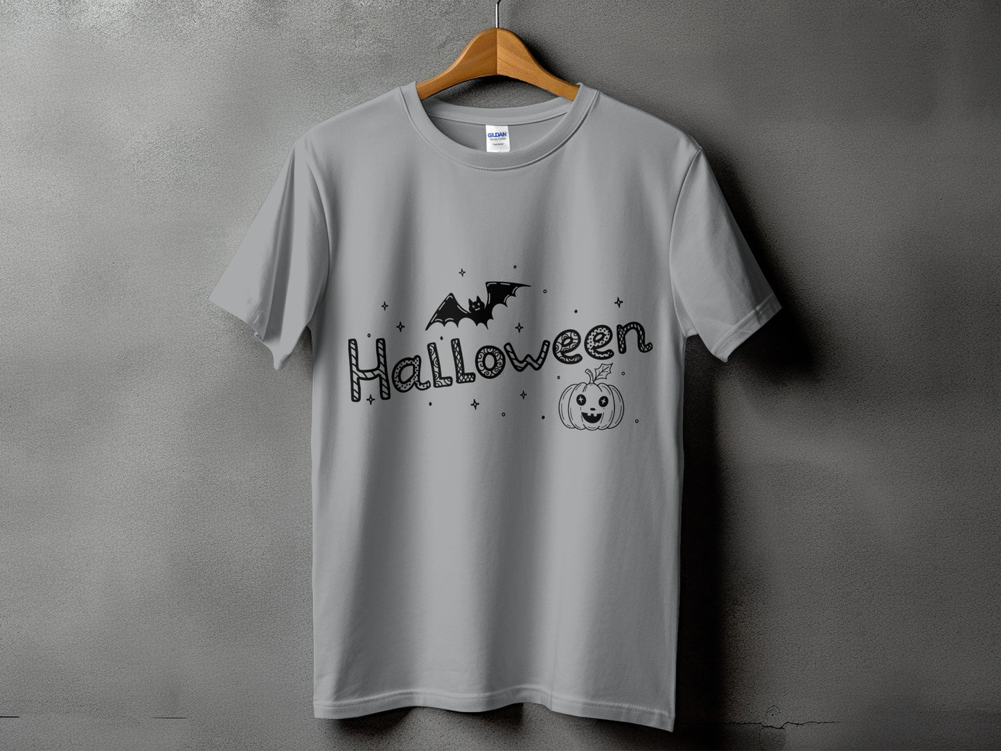 Gray t-shirt with black Halloween graphic featuring a bat and pumpkin.