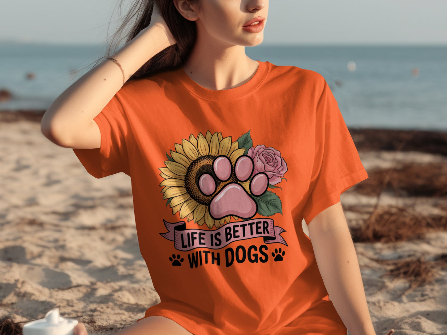Life Is Better With Dogs Paw Print Sunflower T-Shirt
