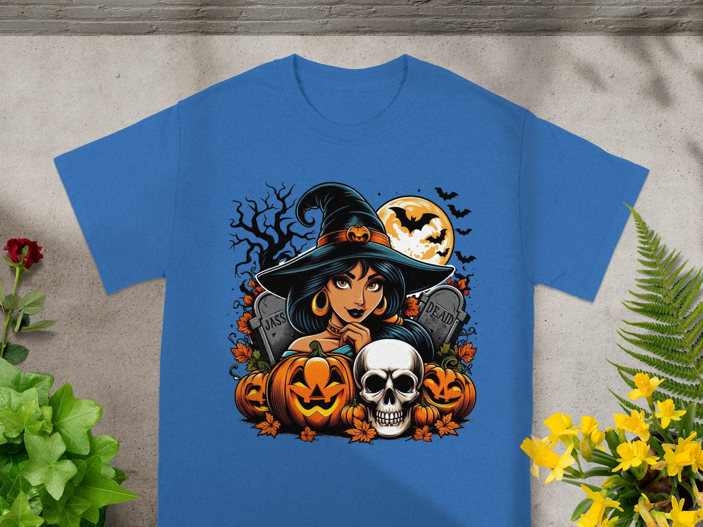 Halloween witch illustration with pumpkins, skull, tombstones, and bats against a moonlit sky.