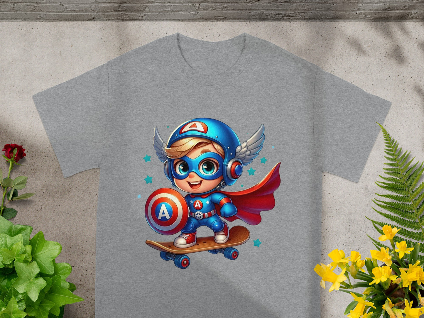 Cartoon superhero child in helmet and cape riding skateboard.