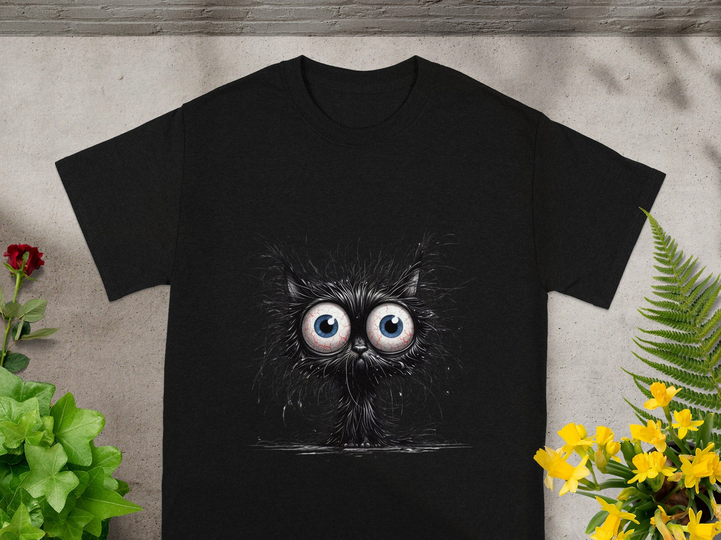 Funny Big Eyed Cat with Spiky Fur Graphic T-Shirt
