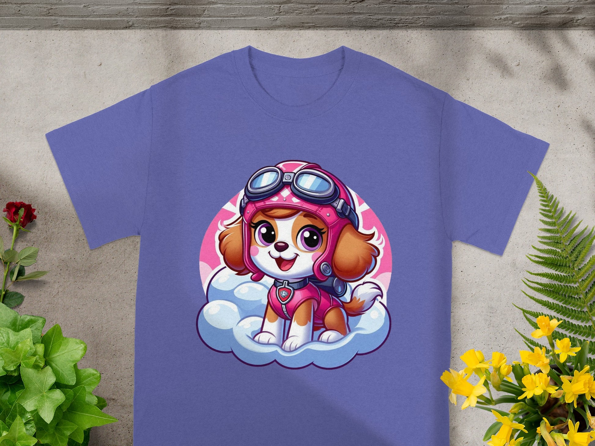 Paw Patrol Skye dog wearing aviator goggles and pink uniform, sitting on a cloud.