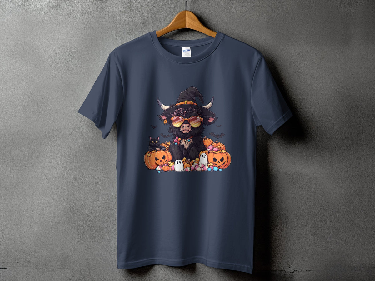Dark blue t-shirt featuring a Highland cow in a witch hat with pumpkins and ghosts.