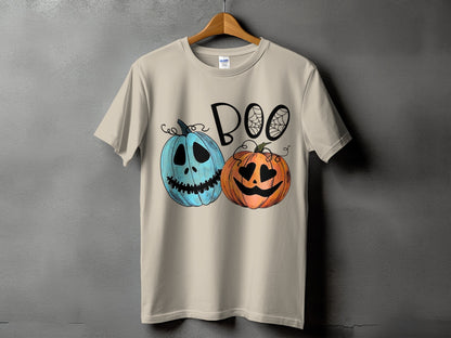 Light brown t-shirt with "BOO" text and two cartoon pumpkins.