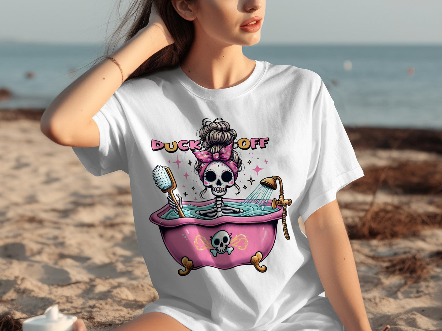 Duck Off Skeleton in Bathtub Graphic T-Shirt