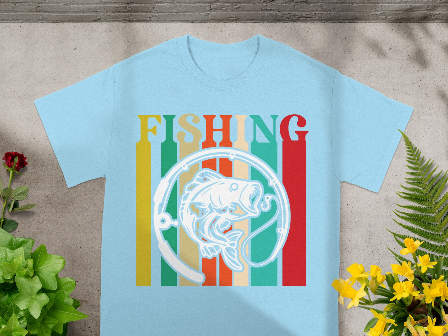 Light blue t-shirt with vintage striped background and white fish graphic.