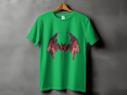 Green t-shirt with a large, detailed illustration of red and black bat wings.
