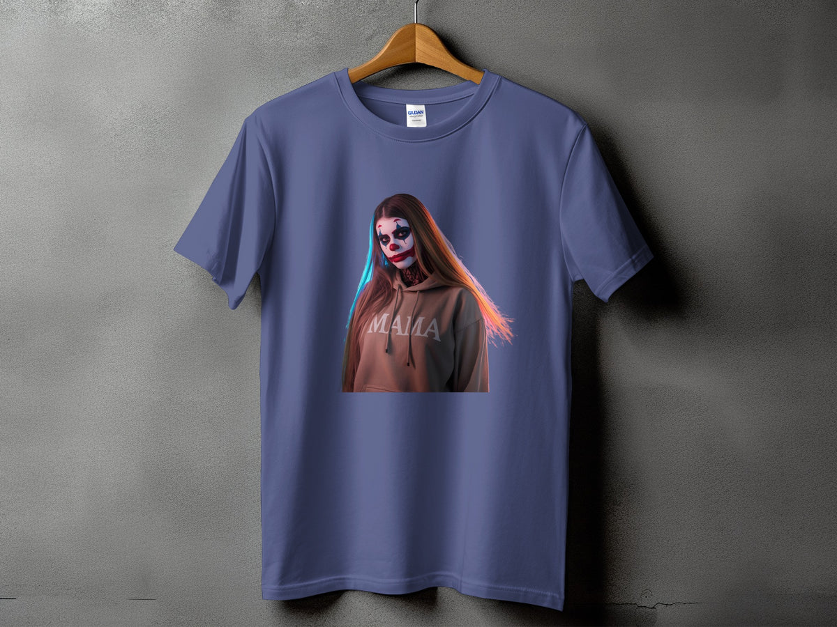 Purple t-shirt with a graphic of a woman in clown makeup wearing a "MAMA" hoodie.
