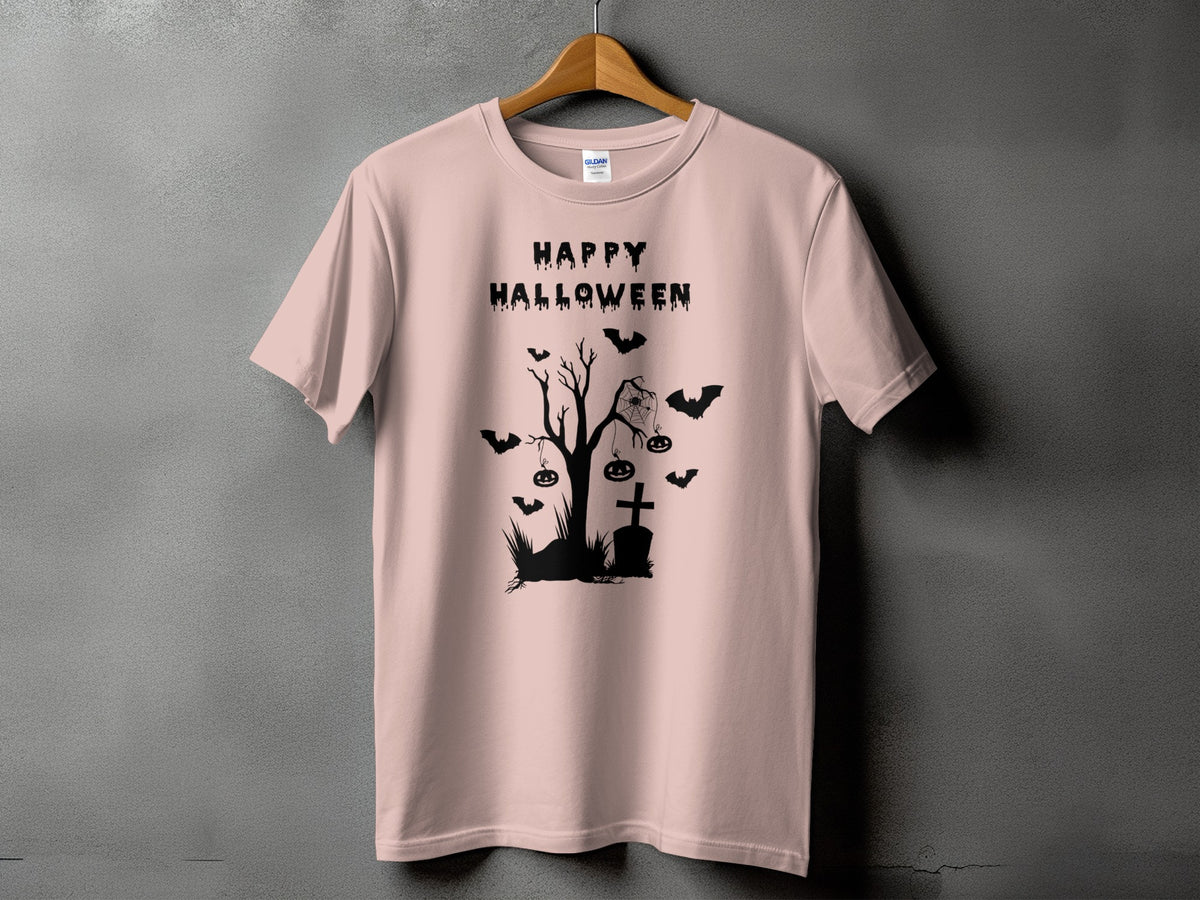 Pink t-shirt with black "Happy Halloween" text and spooky graveyard graphic.
