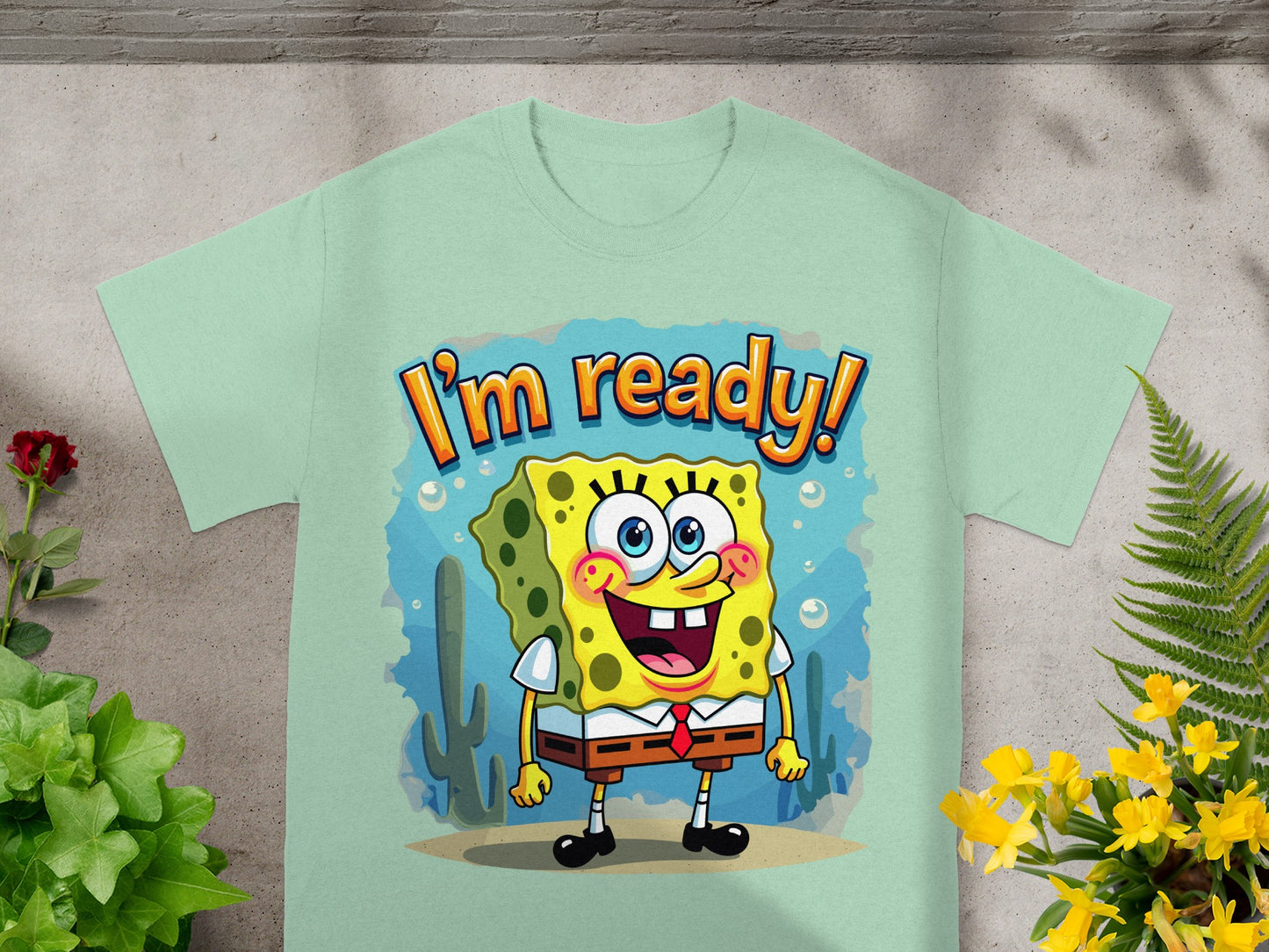 Mint t-shirt with Spongebob Squarepants graphic and "I'm ready!" text.