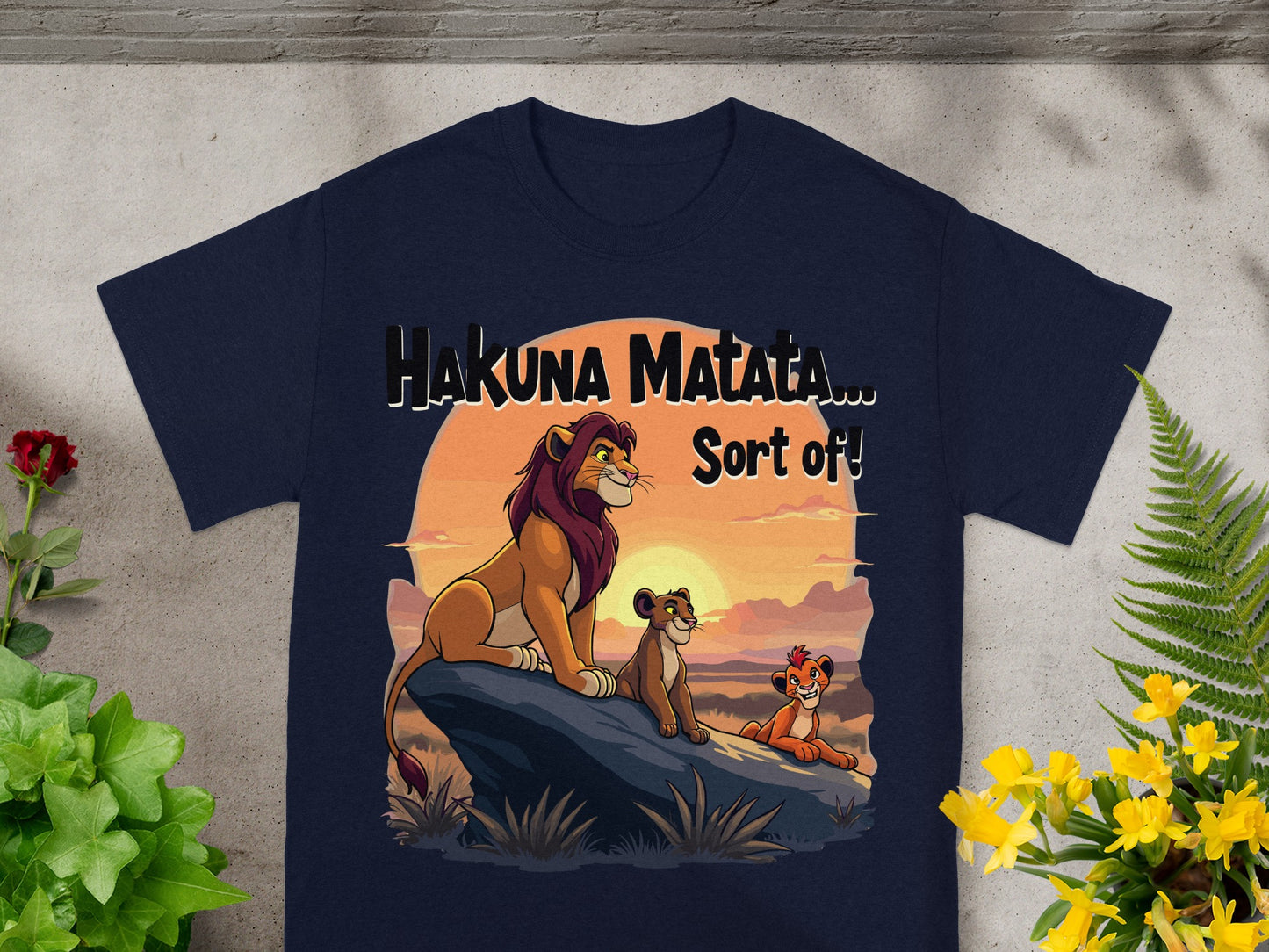 The Lion King characters Simba, Nala, and Timon with "Hakuna Matata... Sort of!" text.