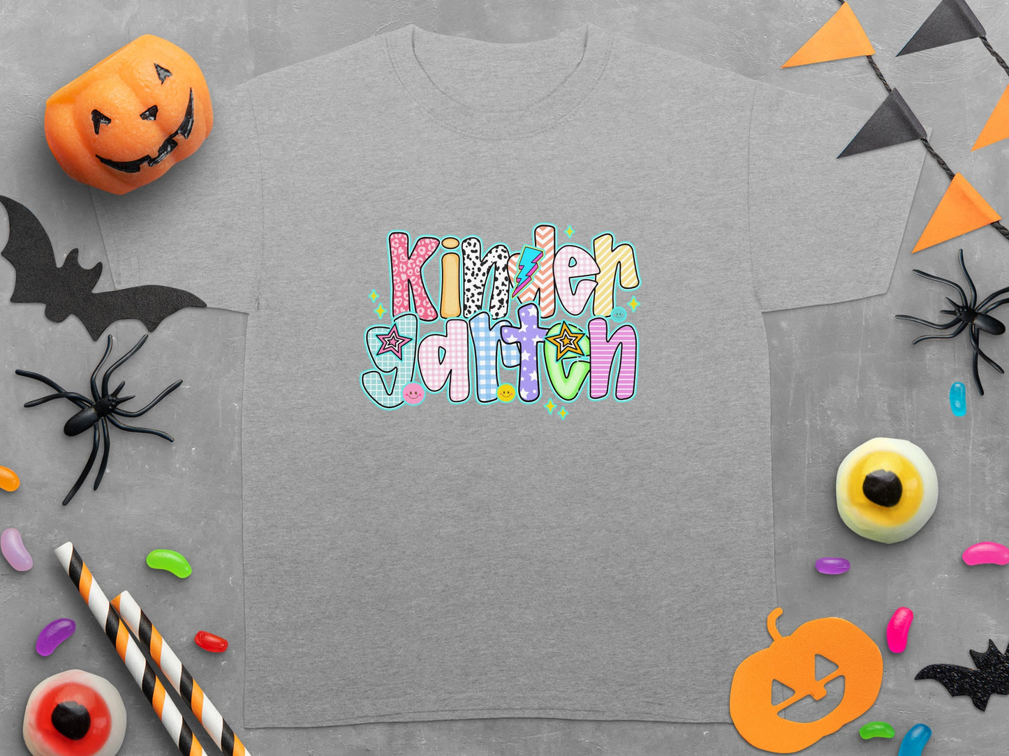 Grey t-shirt with "Kinder Garten" text in a colorful, fun font.