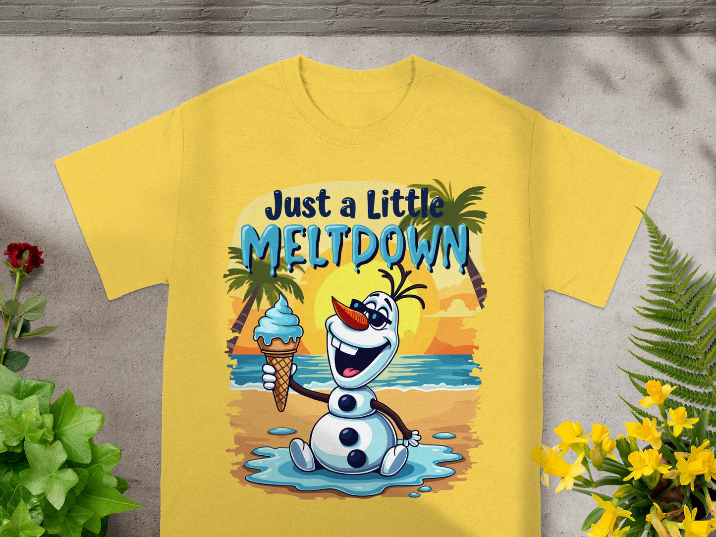 Olaf holding an ice cream cone on a beach with text "Just a Little MELTDOWN".