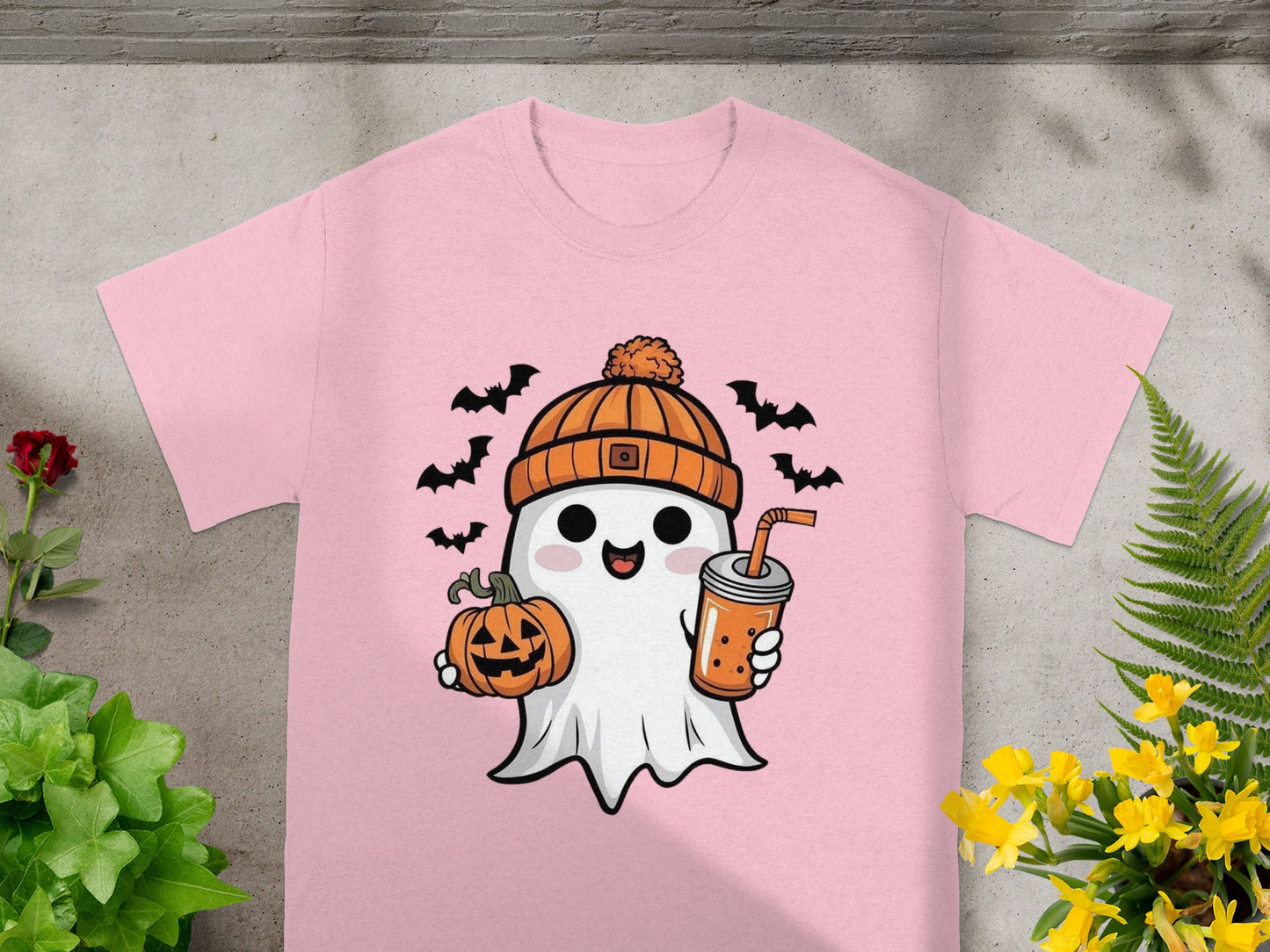 Cute ghost in beanie holding pumpkin and bubble tea with bats around.