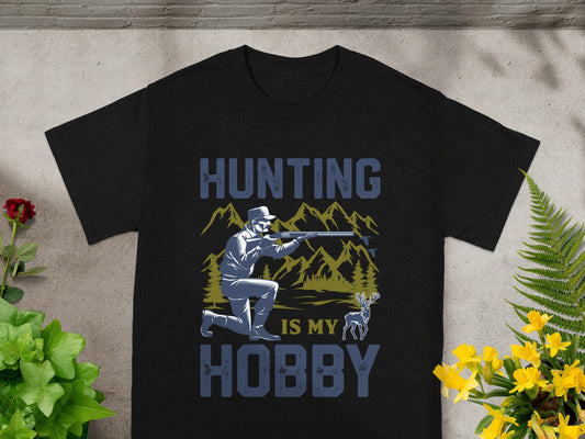 Black t-shirt with "Hunting is My Hobby" text and hunter graphic.