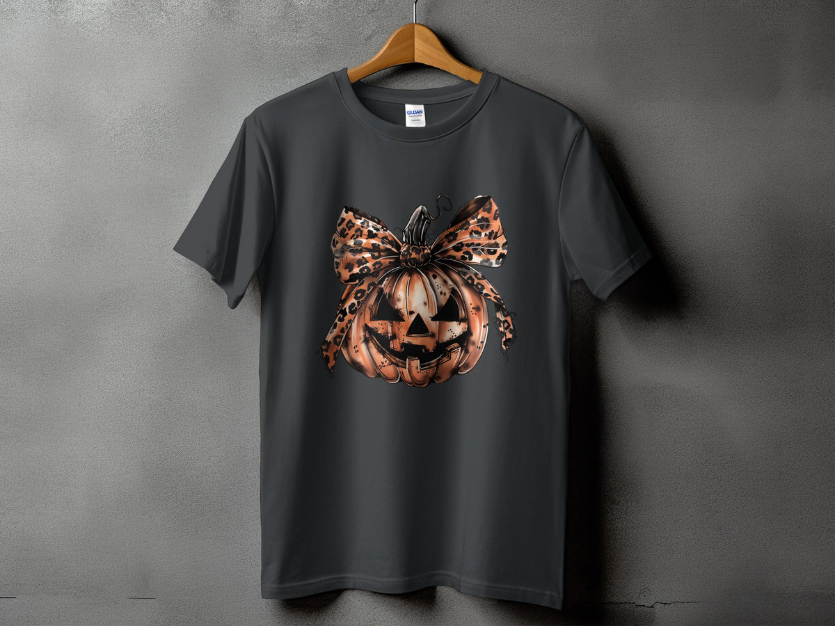 Dark gray t-shirt with a Halloween pumpkin graphic and leopard print bow.