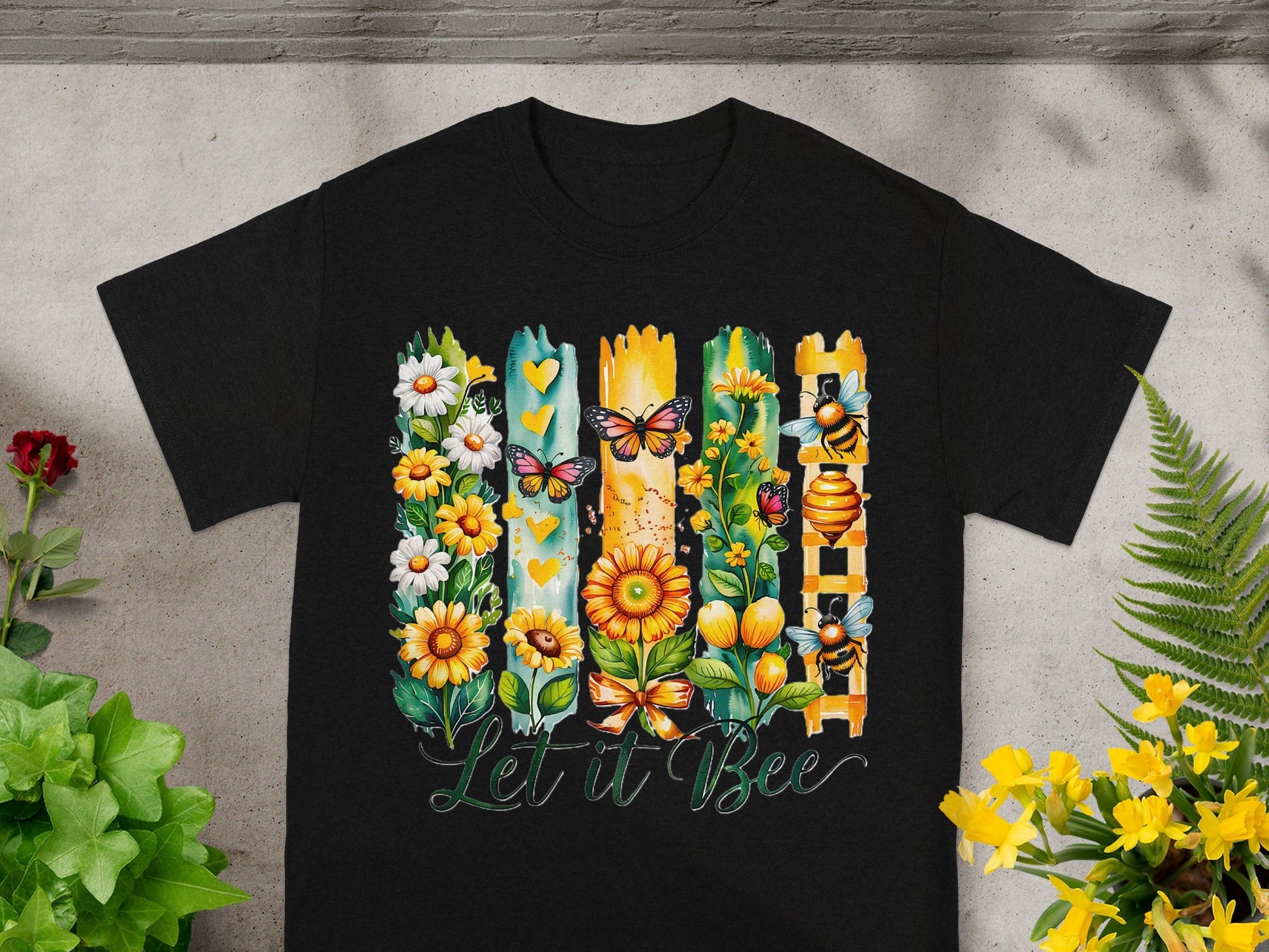 Colorful Let it Bee Floral and Bee Design T-Shirt