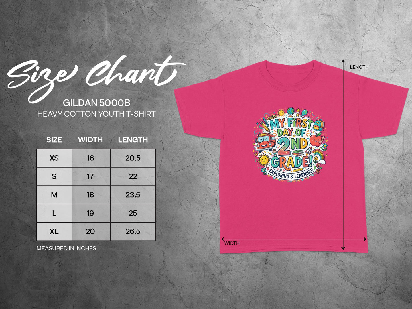 Gildan 5000B youth t-shirt size chart with "My First Day of 2nd Grade" graphic.