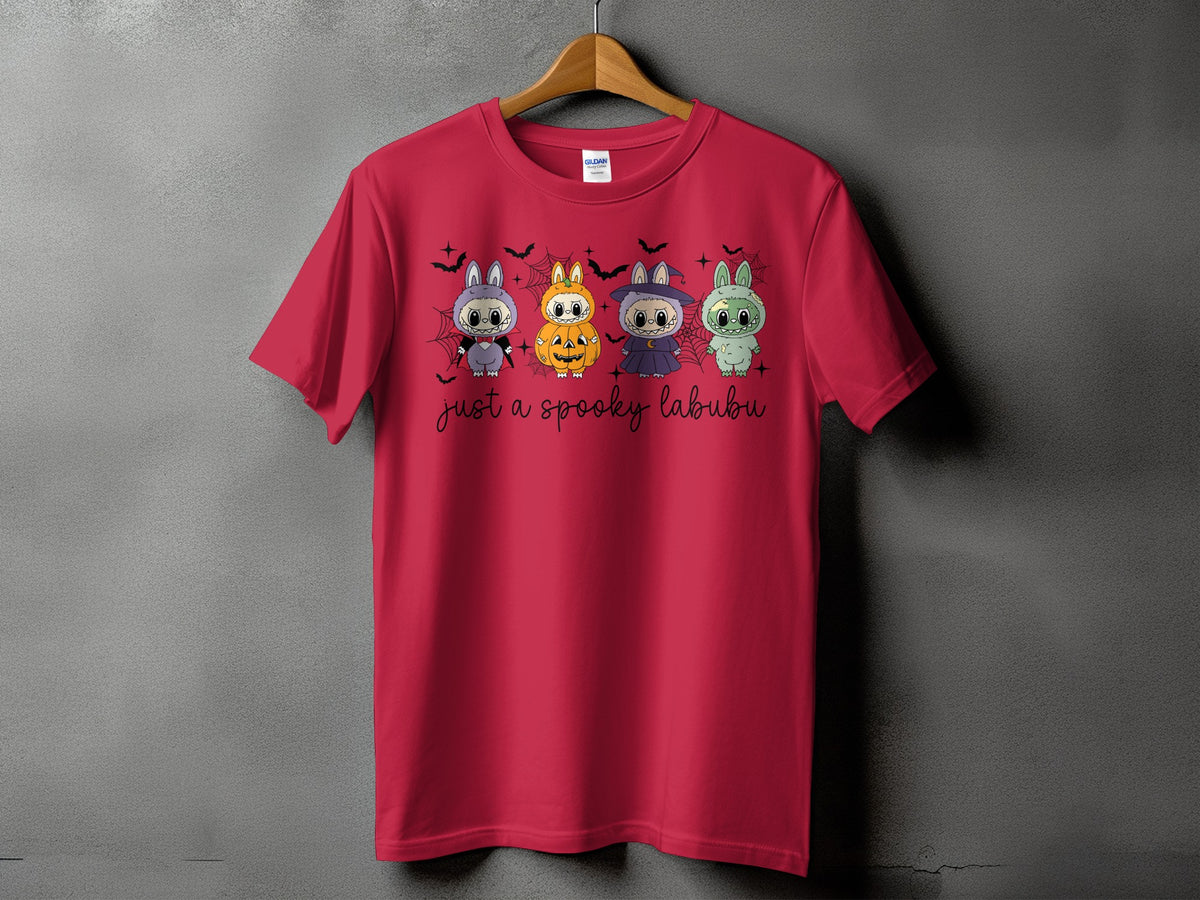 Red t-shirt with four cartoon characters and text "just a spooky labubu".